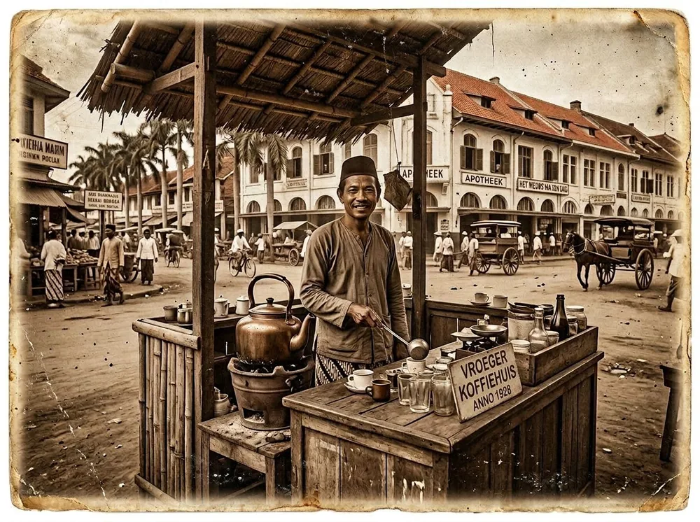Foto arsip kedai kopi Vroeger di Pasar Baroe, Batavia, 1928